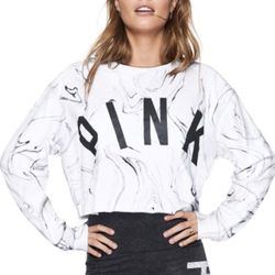 VS Pink white Marble Cropped top varsity Sweatshirt 21.25” across underarms 15” shoulder to bottom