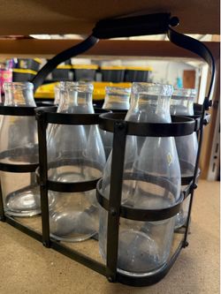 Metal milk carrier with glass bottles decorative