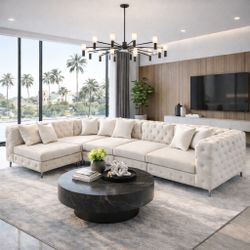 Large L-Shaped Modular Sofa, 5-Seat Velvet Sectional Couch