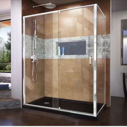 Flex 60 in. W x 36 in. D x 74.75 in. Framed Pivot Shower Enclosure in Chrome with Left Drain Black Acrylic Base Kit