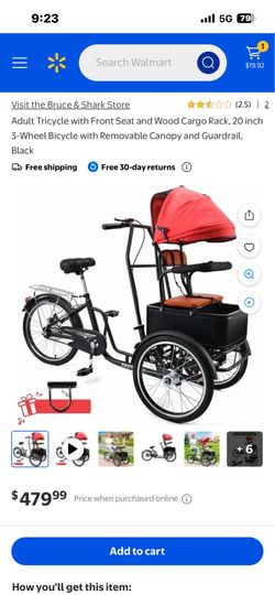 Adult Tricycle with Front Seat and Wood Cargo Rack, 20 inch 3-Wheel Bicycle with Removable Canopy and Guardrail, Black