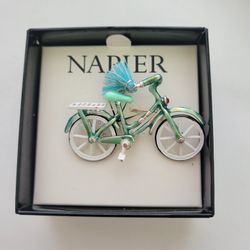 Napier Bicycle Brooch Pin Girls Bike Turquoise Retro Silver Tone NEW w Box