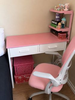 Pink Desk + Ergonomic Office Chair Set – Cute Bedroom/Study Setup
