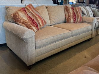 BASSETT Tan Transitional 2-Cushion Sofa w/ Pillows