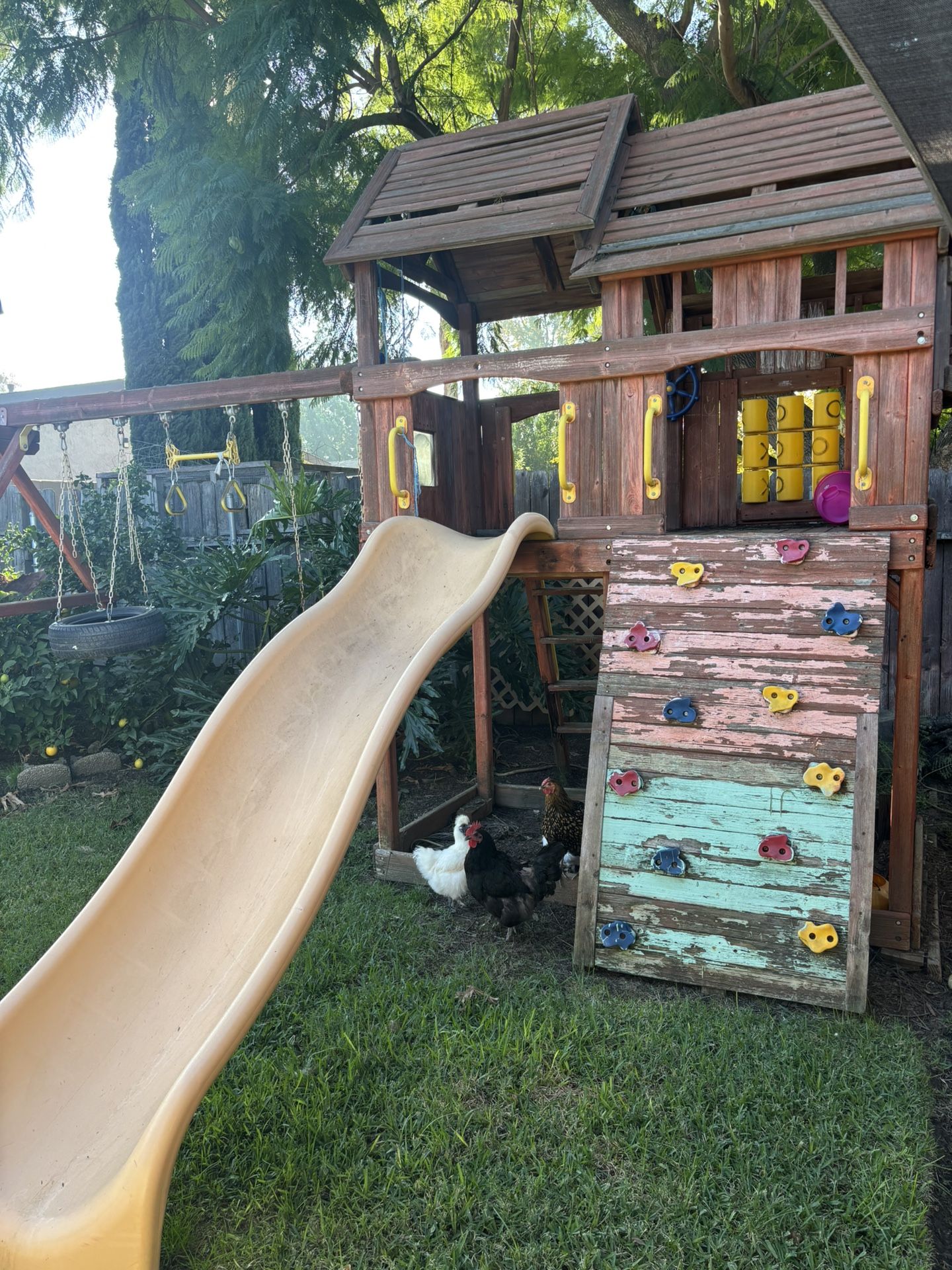 Backyard Wooden Playhouse With Slide & Swings
