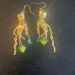 Gold Victorian Style Hand Earrings With green Gems