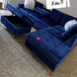 NEW JOY BLUE VELVET SECTIONAL WITH OTTOMAN AND FREE DELIVERY 