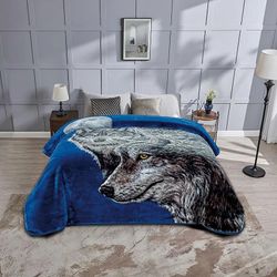 * Single-Ply 9-lb Korean Style Faux Mink Blanket, Reversible, Thick, Silky Soft Plush, 85" x 95", Wolves