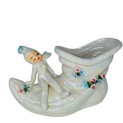 Lefton Pixie Elf On Boot Iridescent Planter Holiday Candy Dish 8" Japan VINTAGE
