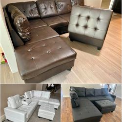 AVAILABLE IN BLACK, WHITE & BROWN!! SECTIONAL WITH OTTOMAN $795! DON’T PAY UNTIL ITS DELIVERED!!