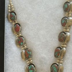 Large Silver Beaded Turquoise Necklace 