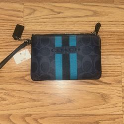 Coach Wristlet Purse Signature Varsity Stripe Denim/Black