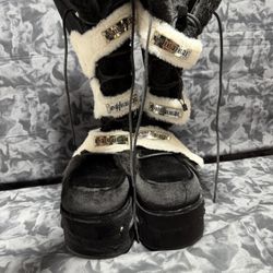 GURURU Women's Goth Boots with Bone Shape Elements - Mid Calf, Chunky High Heel, Punk Goth, Warm Fur Platform Boots