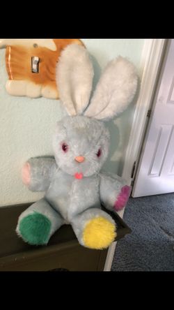 Vintage 1960’s Blue Bunny Plush/Plushie With Pink Eyes, Kitsch/Kitschy, Nursery Decor