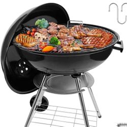 22-Inch Charcoal Kettle Grill with Enamel Lid, Portable Outdoor Grill with Wheels
