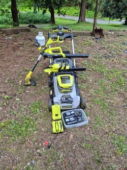 Ryobi battery powered yard tools.