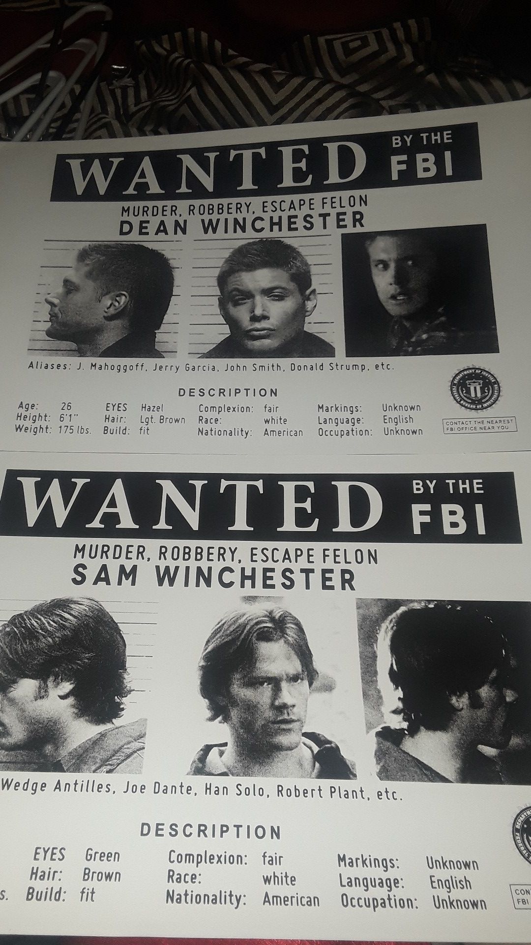 Wanted replica posters Sam & Dean Winchester