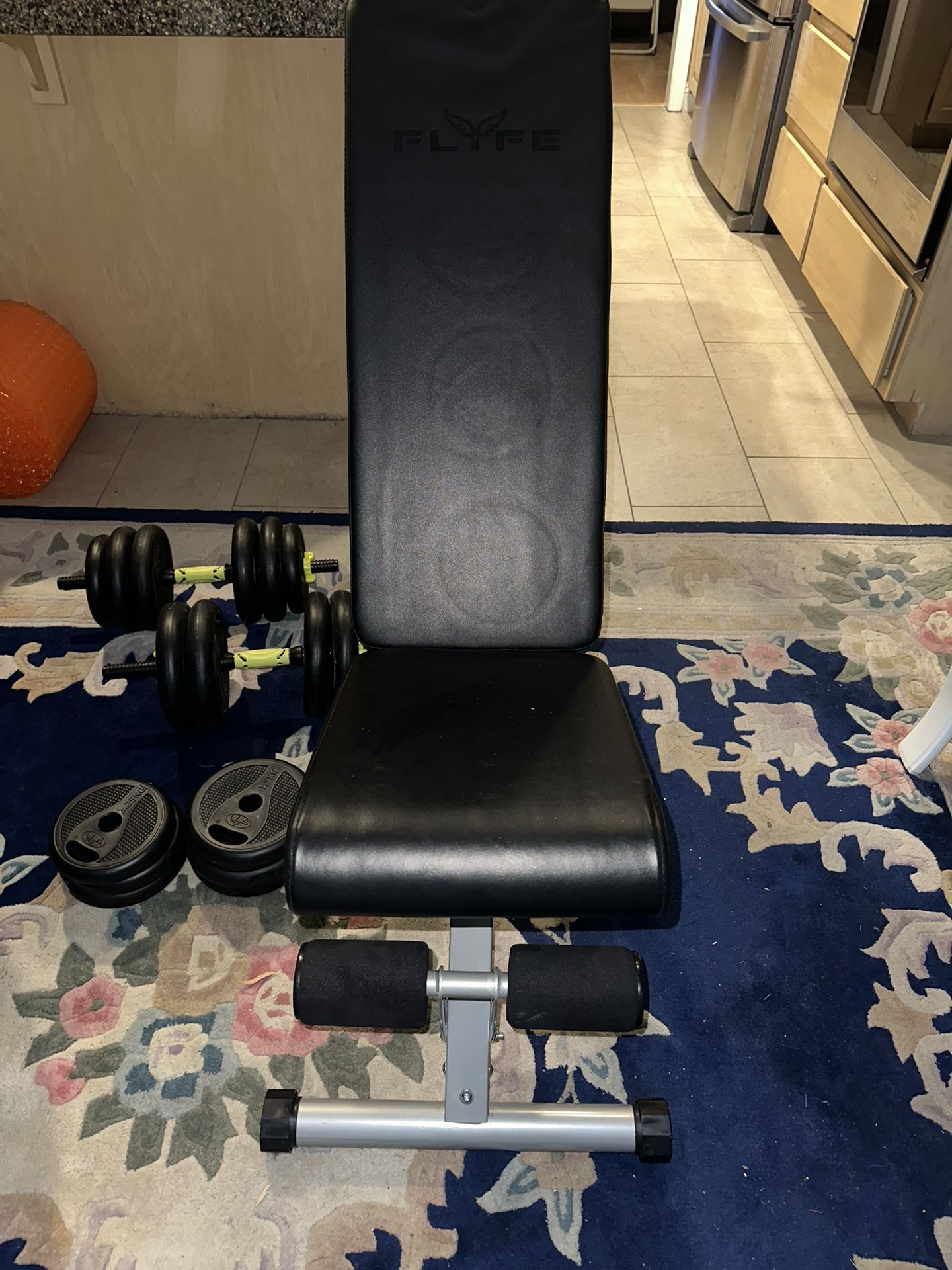 Adjustable Flyfe Fold Down Weight Bench With Dumbbells And Bar Set 
