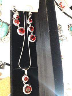 Sterling Silver Ruby Crystal Necklace and Earrings set