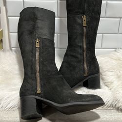 Nine West Boots Womens Sz 7.5 Black Suede Leather Olette Knee Heel Riding Zipper