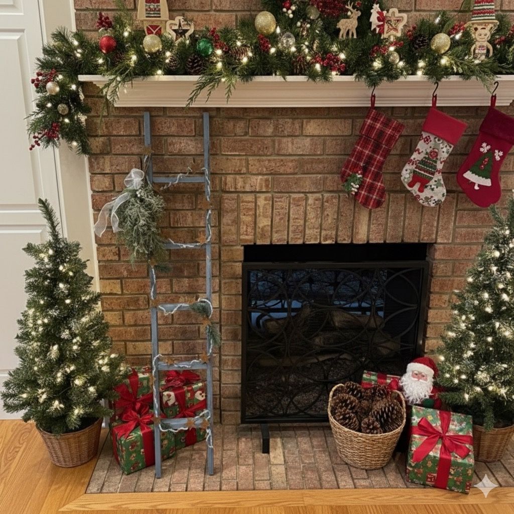 Christmas Wood Ladder Decor Tree Santa Garland Blue Retro Rustic