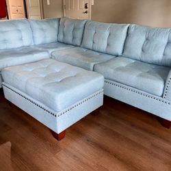 Beautiful Light Blue Sectional Sofa with Matching Ottoman – Excellent Condition
