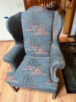 Wingback Armchair with Cabin Scene Tapestry Fabric