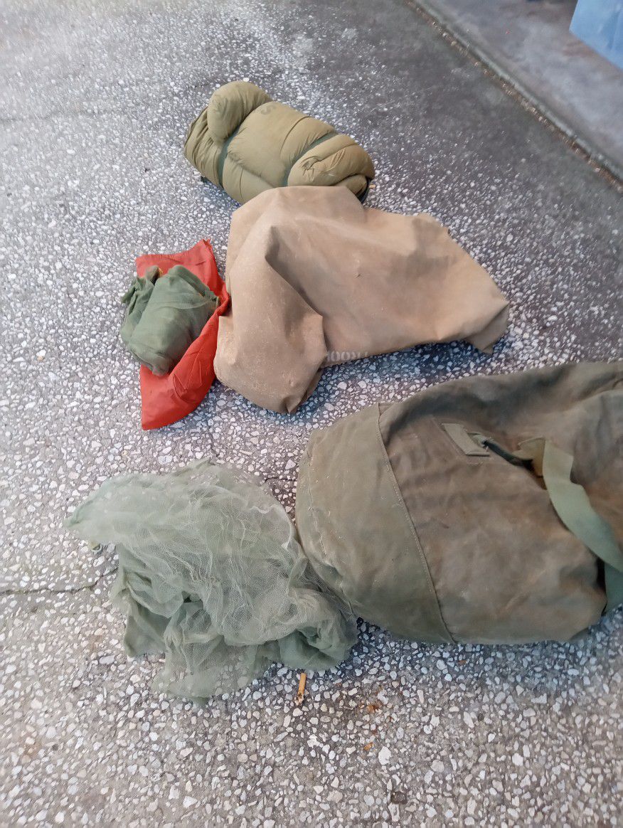 2 Vintage Military Duffle Bags And Sleeping Bags And Two Mosquito Nets
