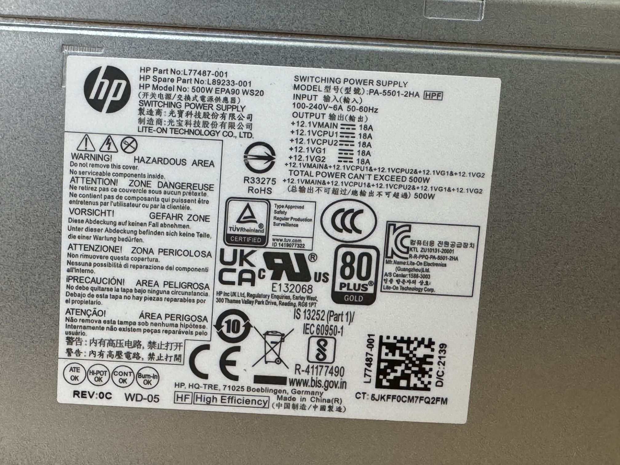 Hp 500w Gold Power Supply L89233-001