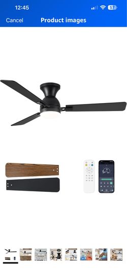 Ceiling Fans with Lights, 52 inch Low Profile Ceiling Fan with Light and Remote Control, Flush Mount, Reversible, 3CCT, Dimmable LED, Noiseless, Black