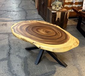 Monkey Pod Round Coffee Table W Black Metal Legs 