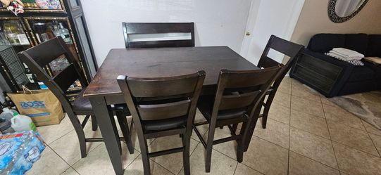 Dark Wood Counter Height Dining Table with 4 Chairs and 1 bench