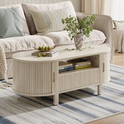 47.2'' Oval Coffee Table With Storage, Fluted Accent Center Table With Draw And Sliding Tambour Doors