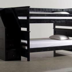 Black Full Over Full Wood Bunk Bed With Stairway 