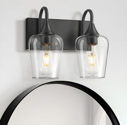 Black Vanity Lights, 2-Light Bathroom Lighting Fixtures Over Mirror in Matte Black Finish with Clear Wine Glass