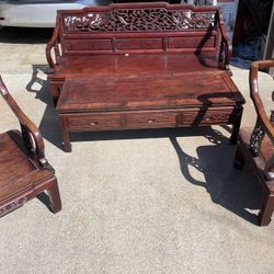 Solid Wood Set Of Loveseat, Two Chairs And One Coffee Table