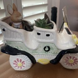 Vintage 7" Ceramic Car Planter 1903 Cadillac Pink Wheels Japan 1950 Auto Model A