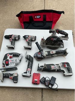 Porter cable- impact, drill, grinder, skill saw, jig saw, multi tool, saw zall, light, battery and charger