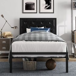 Twin Size Metal Bed Frame with Faux Leather Headboard, Black