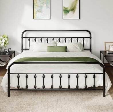 New in Box King Size Metal Platform Bed Frame with Victorian Style Iron-Art Headboard/Footboard