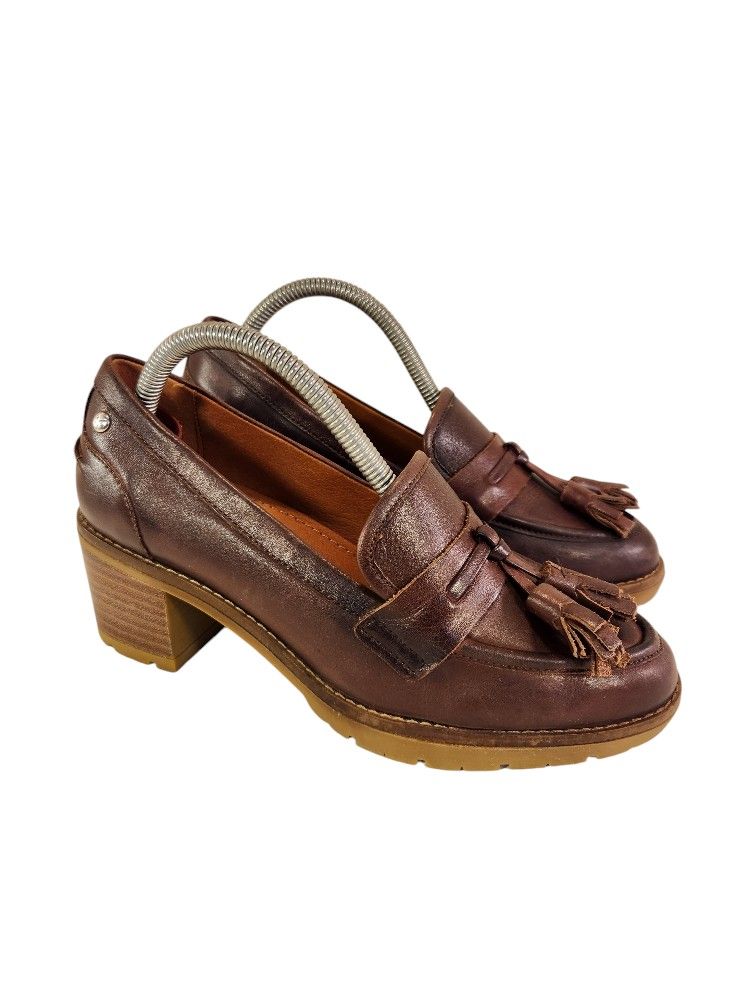 PIKOLINOS CHUNKY SHOES PUMPS BROWN LEATHER TASSELS SIZE 36/6
