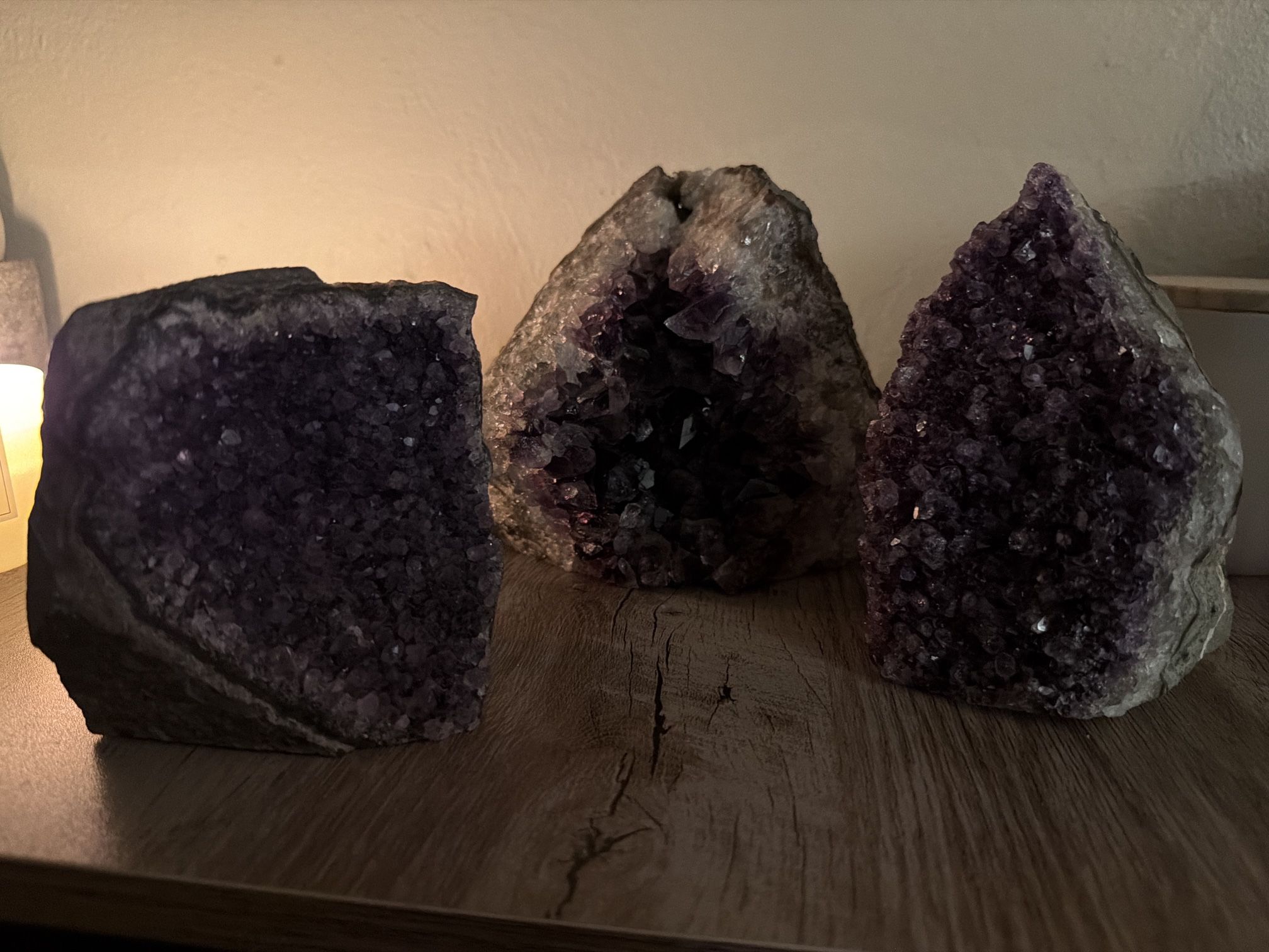 ✨ Natural Amethyst Crystal Geode Collection – Deep Purple Clusters (Set of 3)