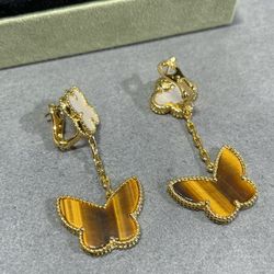 Lady's Premium Four-Leaf Clover Butterfly Two-Flower Earrings