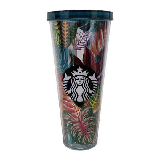 2017 Starbucks Tropical Plants Leaves Cold Cup 24oz Plastic Tumbler Colorful