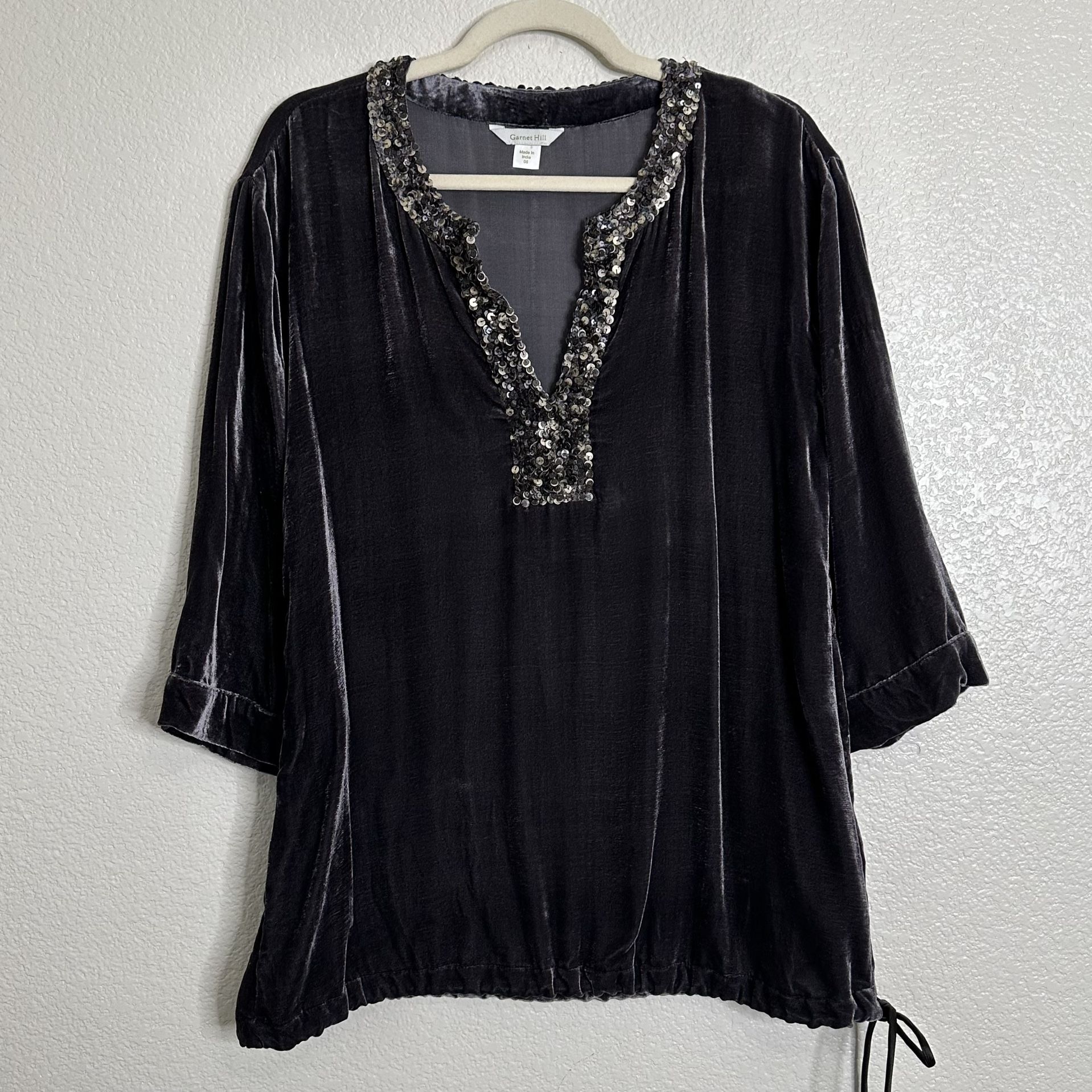 Garnet Hill Silk Blend Gray Velvet Sequin Tunic Top, Size 8