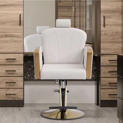 Barber Chair for Hair Stylist, Reclining Salon Chair, 360 Degree Swivel Barber Chair, White-Gold