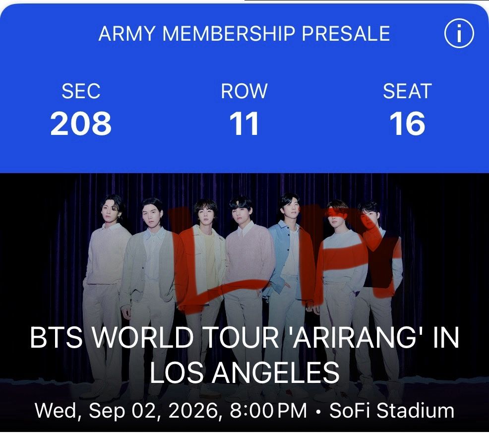 BTS World Tour SOFI Stadium LA 9/2 (2 Tickets)