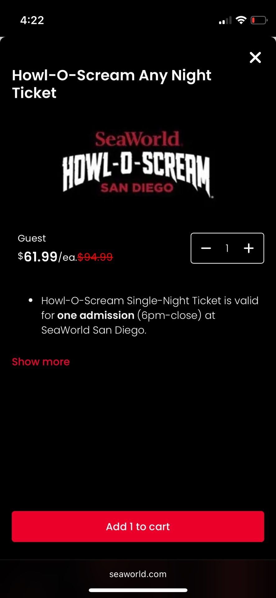 Howl-o-scream Any Night Ticket 