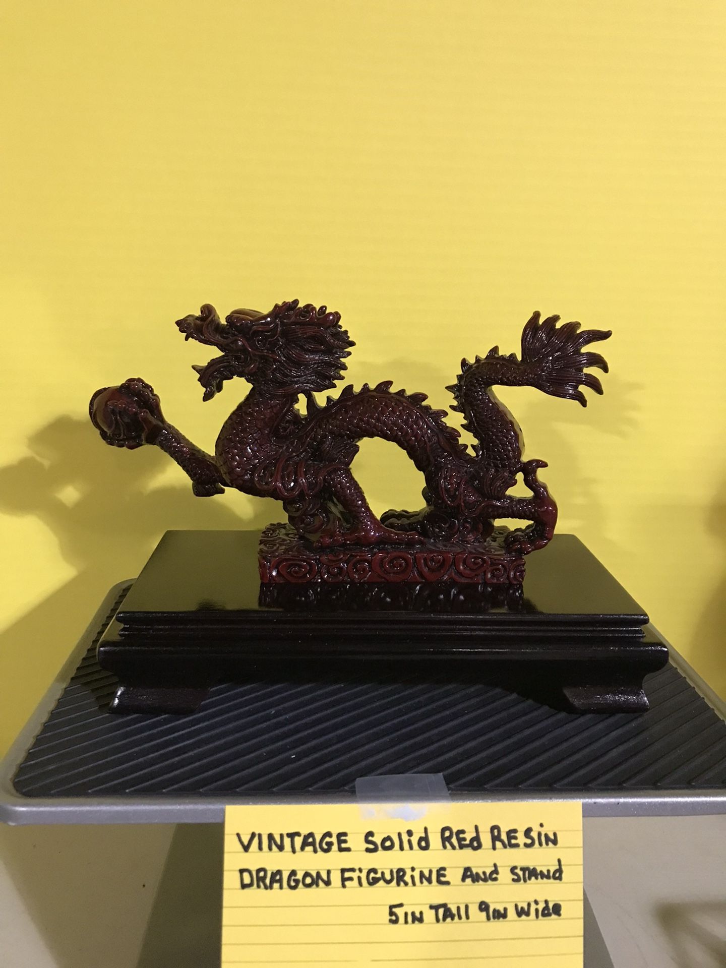 Vintage Solid Red Resin Dragon Figurine With Stand 5 Inches Tall 9 Inches Wide