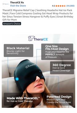 TheralCE Migraine Relief Cap | Soothing Headache Hat Ice Pack Mask | Face Cold Compress Cooling Gel Head Wrap Products for her Sinus Tension Stress Ha